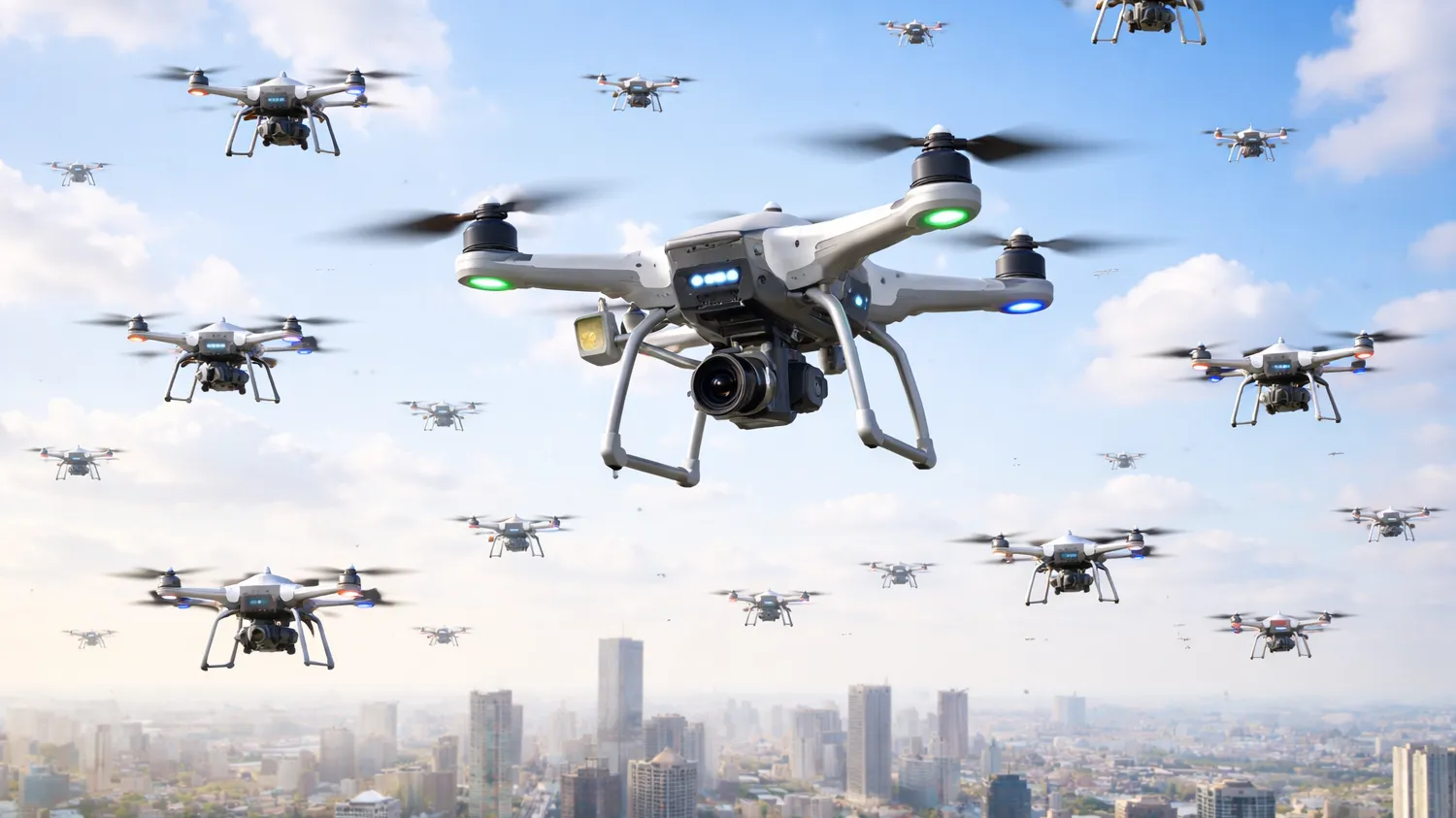 A swarm of drones in the sky.